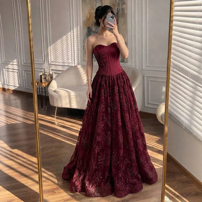 Luxury Wine Red Strapless Beaded Corset A-Line Evening Dress LA73775