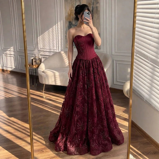 Luxury Wine Red Strapless Beaded Corset A-Line Evening Dress LA73775
