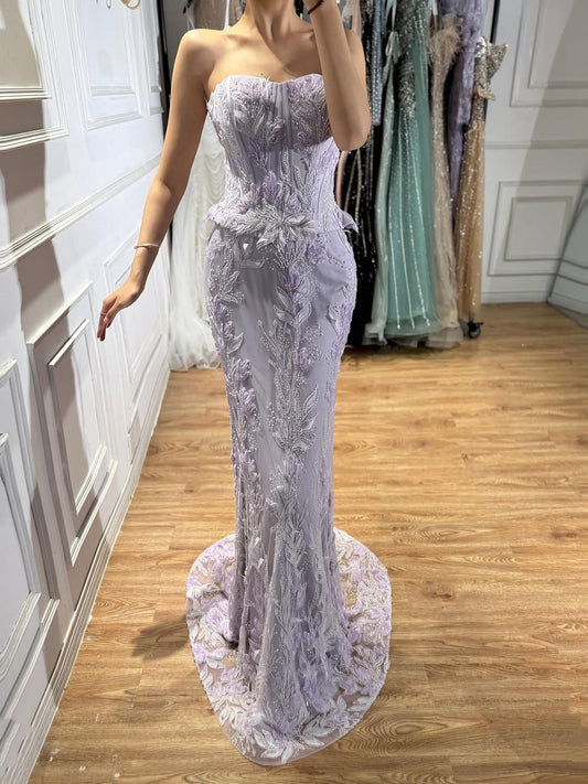 Luxury Lilac Strapless Beaded Peplum Mermaid Evening Dress LA73776