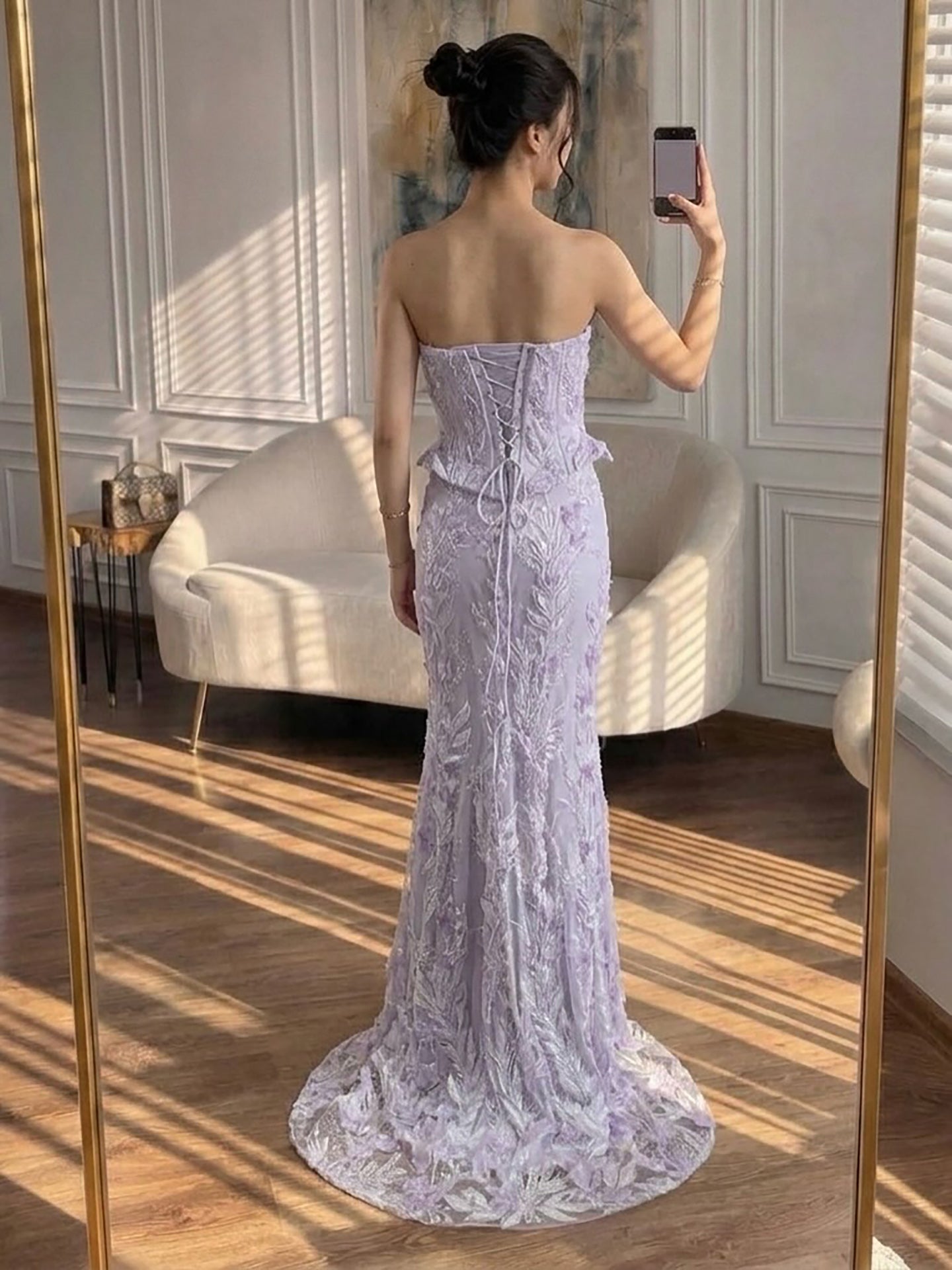 Luxury Lilac Strapless Beaded Peplum Mermaid Evening Dress LA73776