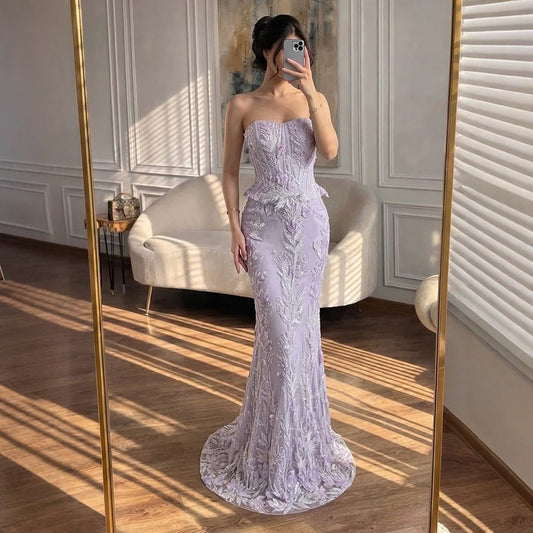 Luxury Lilac Strapless Beaded Peplum Mermaid Evening Dress LA73776