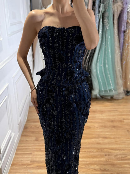 Luxury Navy Blue 3D Floral Beaded Mermaid Gown LA73777