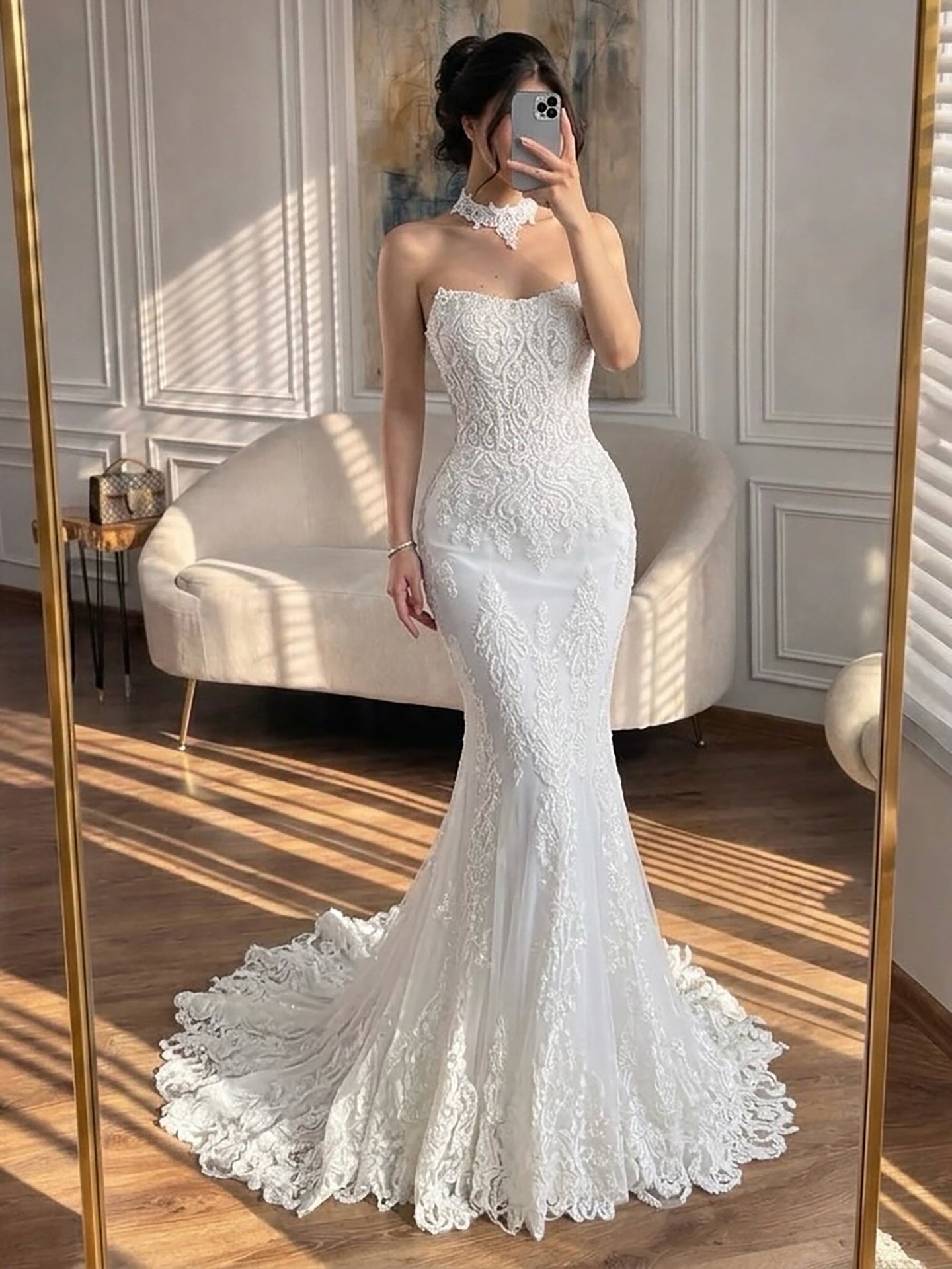 Luxury White Beaded Lace Strapless Mermaid Wedding Dress LA73778