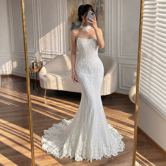 Luxury White Beaded Lace Strapless Mermaid Wedding Dress LA73778