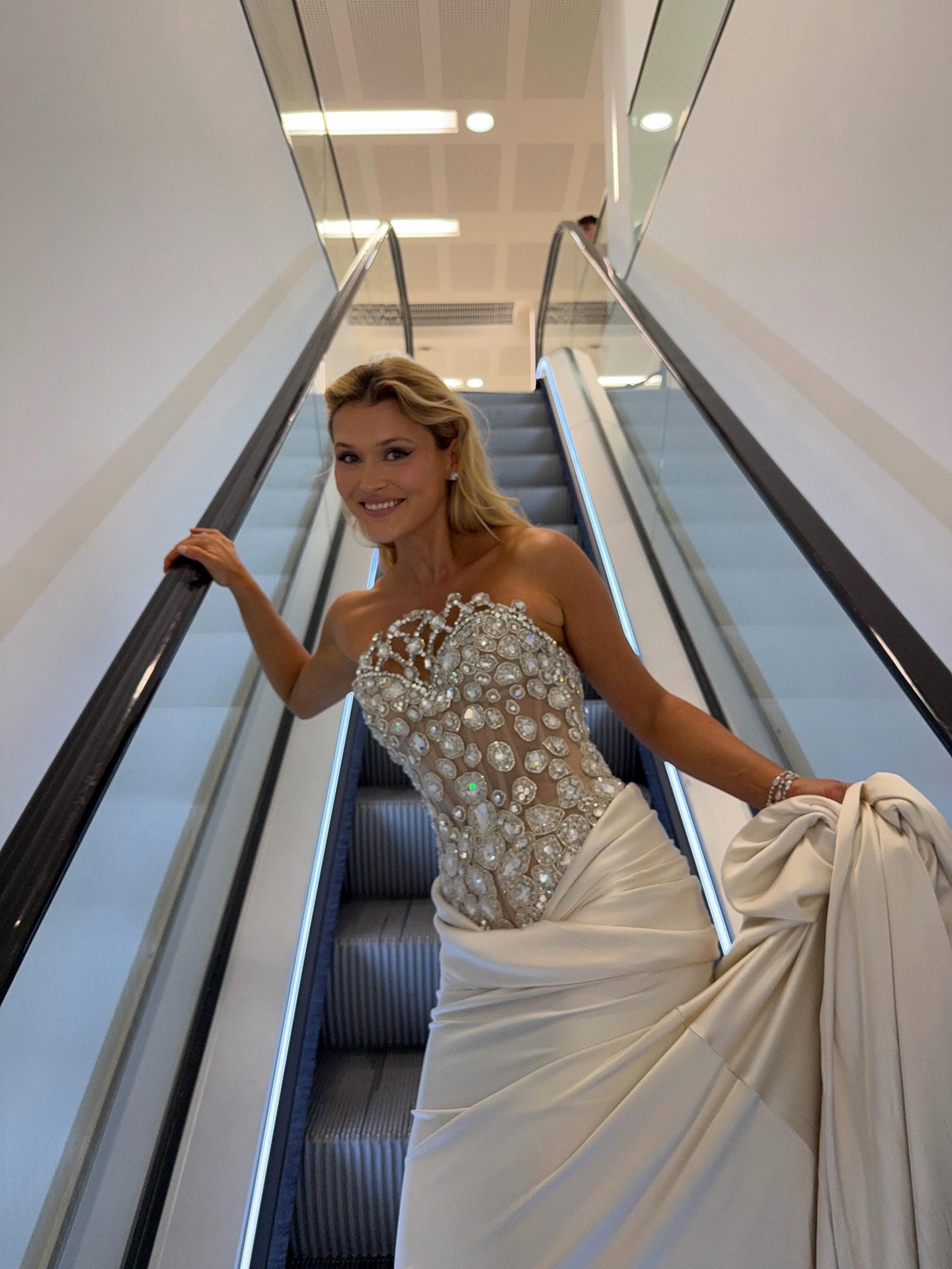 Luxury Champagne Strapless Crystal Satin Mermaid Evening Dress LA73782