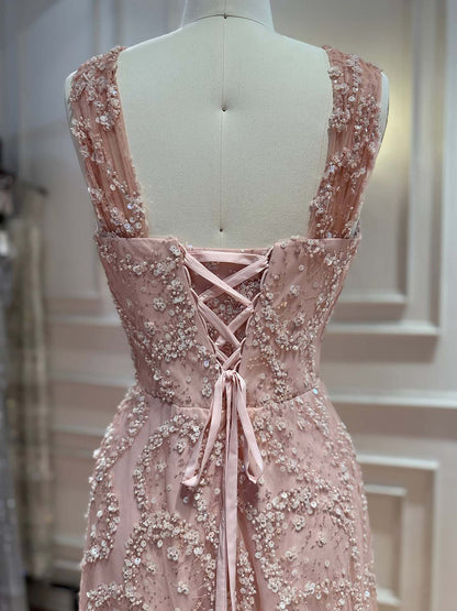 Luxury Pink Ombre Cross-Neck Beaded A-Line Gown LA73783