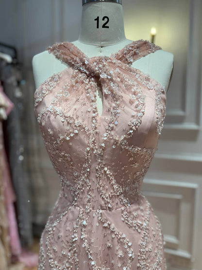 Luxury Pink Ombre Cross-Neck Beaded A-Line Gown LA73783