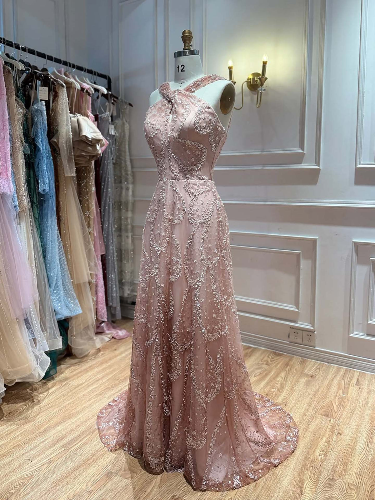Luxury Pink Ombre Cross-Neck Beaded A-Line Gown LA73783