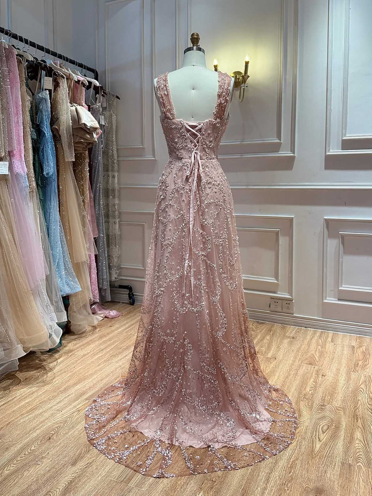 Luxury Pink Ombre Cross-Neck Beaded A-Line Gown LA73783