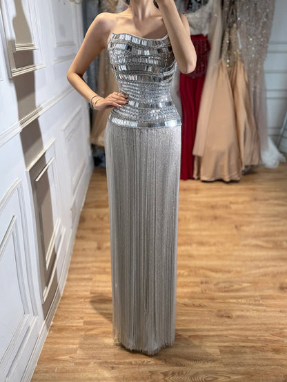 Luxury Gold Crystal Beaded Strapless Tassel Evening Dress LA73785