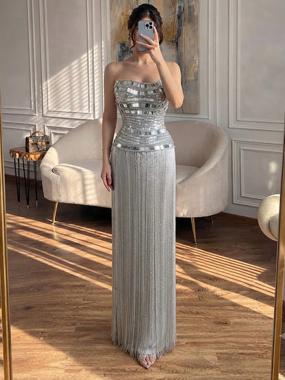 Luxury Gold Crystal Beaded Strapless Tassel Evening Dress LA73785