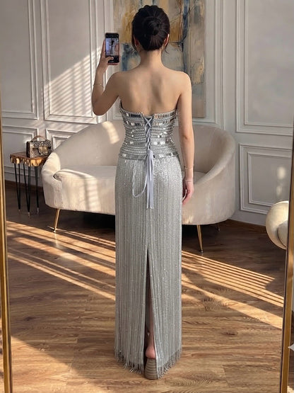 Luxury Gold Crystal Beaded Strapless Tassel Evening Dress LA73785