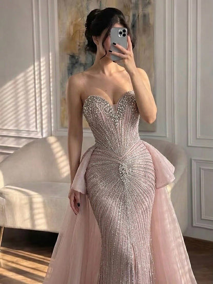 Luxury Nude Crystal Beaded Mermaid Dress with Overskirt LA73786