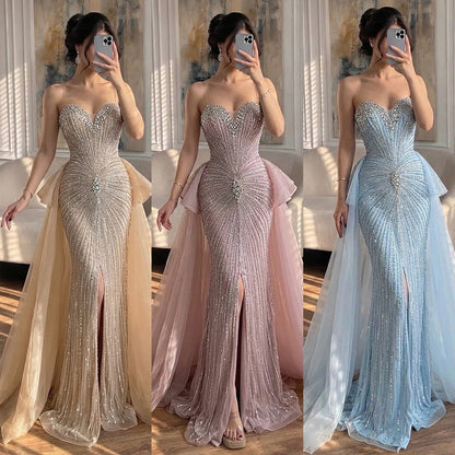 Luxury Nude Crystal Beaded Mermaid Dress with Overskirt LA73786