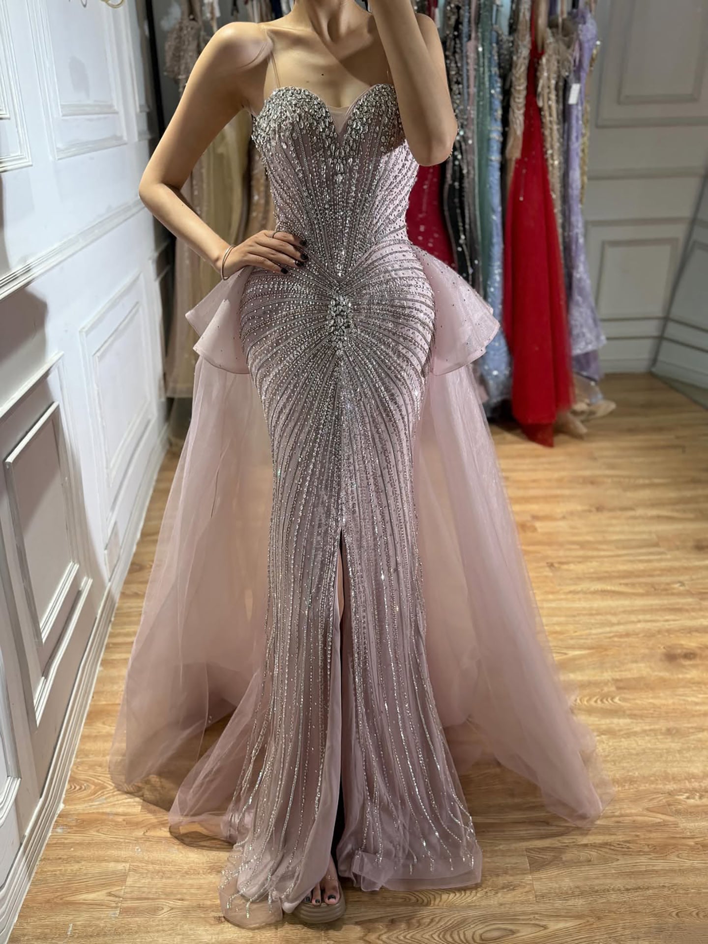 Luxury Nude Crystal Beaded Mermaid Dress with Overskirt LA73786