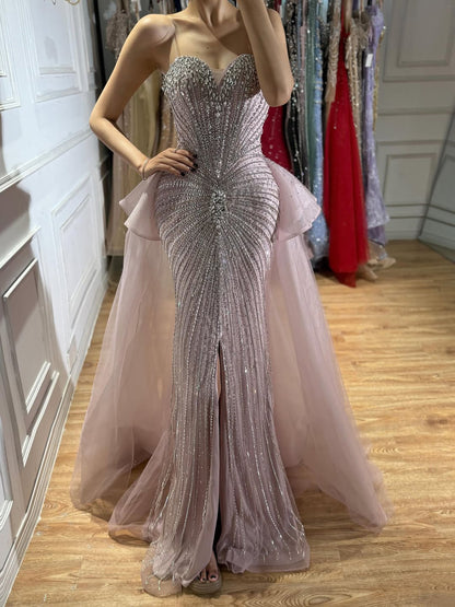 Luxury Nude Crystal Beaded Mermaid Dress with Overskirt LA73786