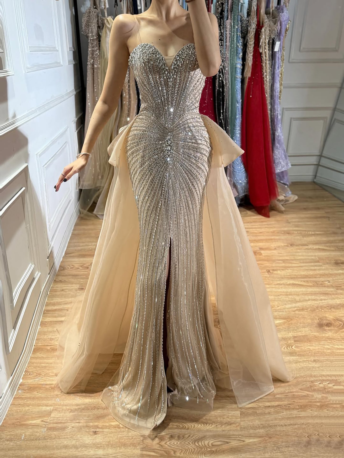 Luxury Nude Crystal Beaded Mermaid Dress with Overskirt LA73786