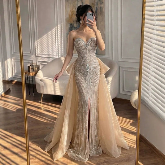 Luxury Nude Crystal Beaded Mermaid Dress with Overskirt LA73786