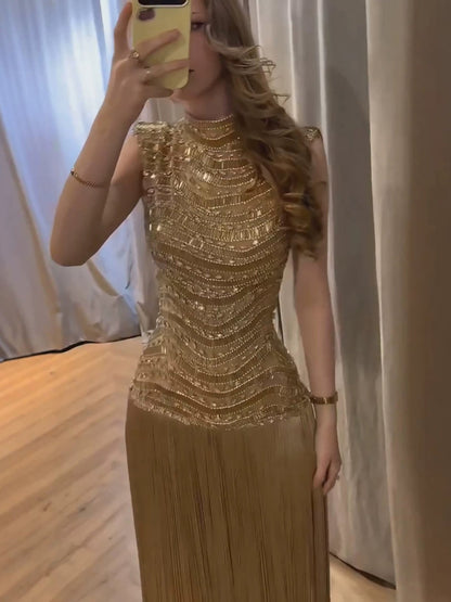Luxury Gold High-Neck Beaded Gown with Heavy Tassels LA73787