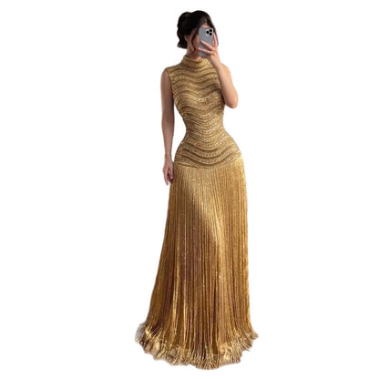 Luxury Gold High-Neck Beaded Gown with Heavy Tassels LA73787