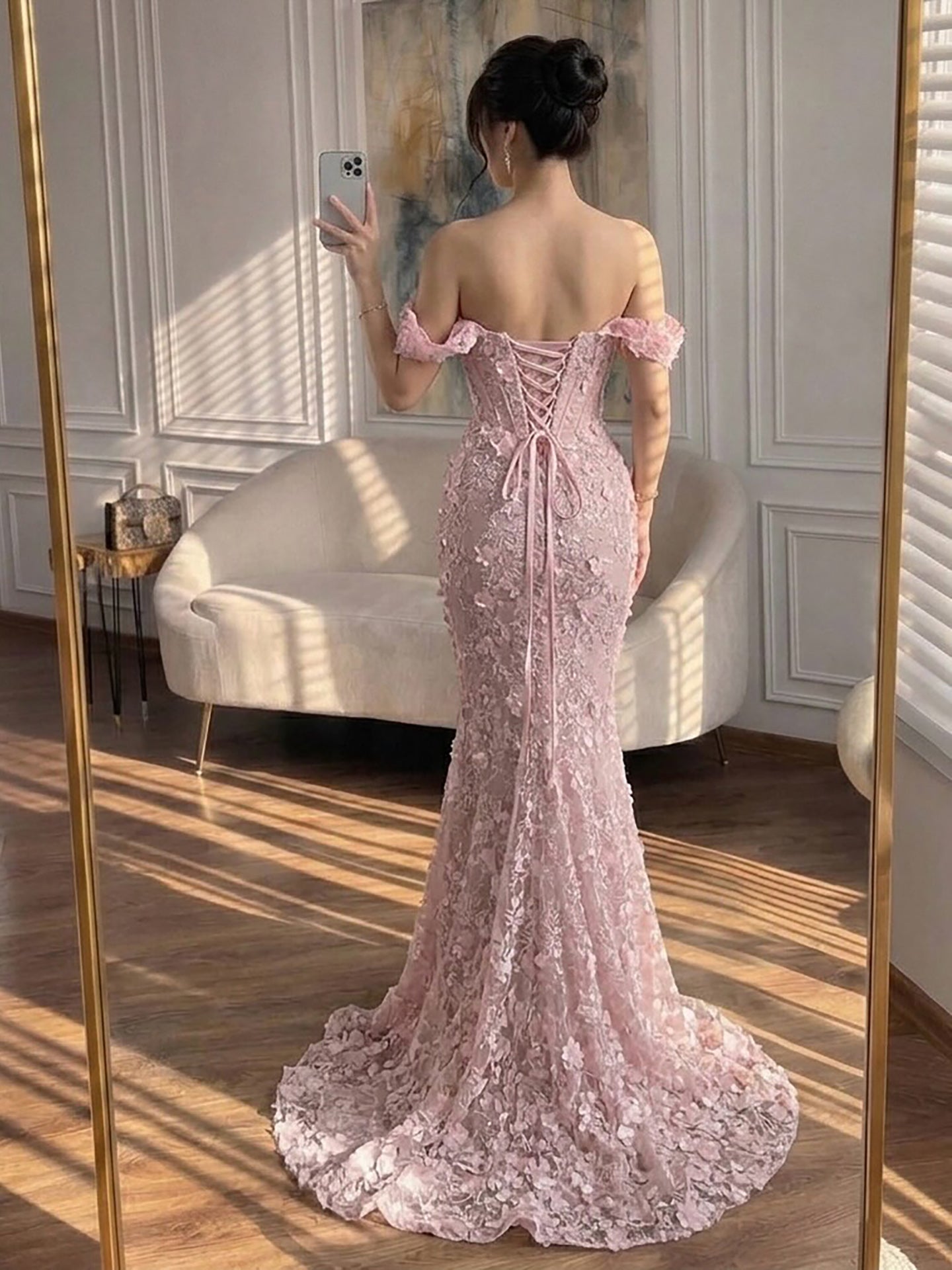 Luxury Pink Mermaid Off-Shoulder 3D Floral Lace Dress LA73788
