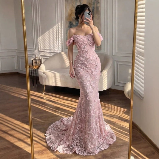 Luxury Pink Mermaid Off-Shoulder 3D Floral Lace Dress LA73788