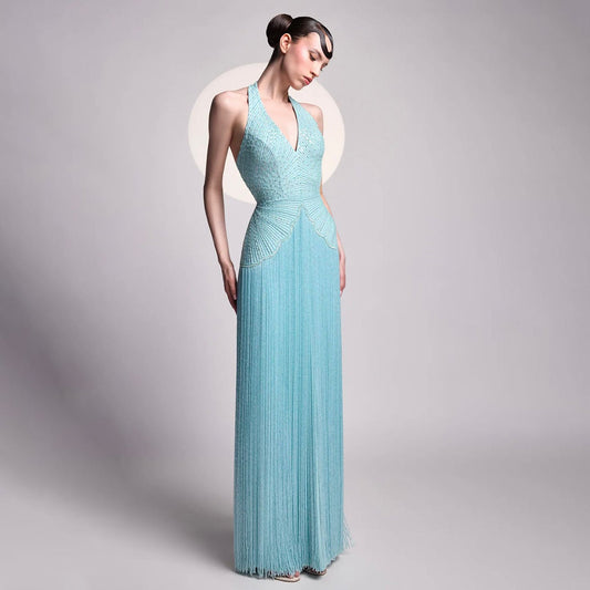 Luxury Blue Halter V-Neck Beaded Fringe Dress LA73795