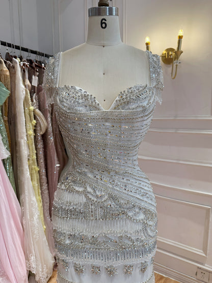 Luxury White Caramel Beaded Cap Sleeve Mermaid Dress LA73798