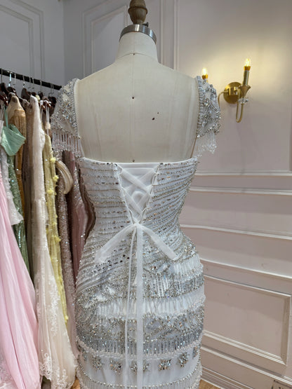 Luxury White Caramel Beaded Cap Sleeve Mermaid Dress LA73798