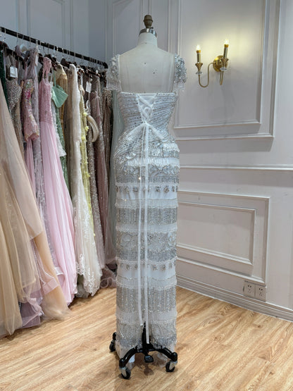 Luxury White Caramel Beaded Cap Sleeve Mermaid Dress LA73798