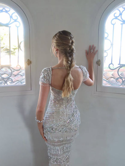 Luxury White Caramel Beaded Cap Sleeve Mermaid Dress LA73798