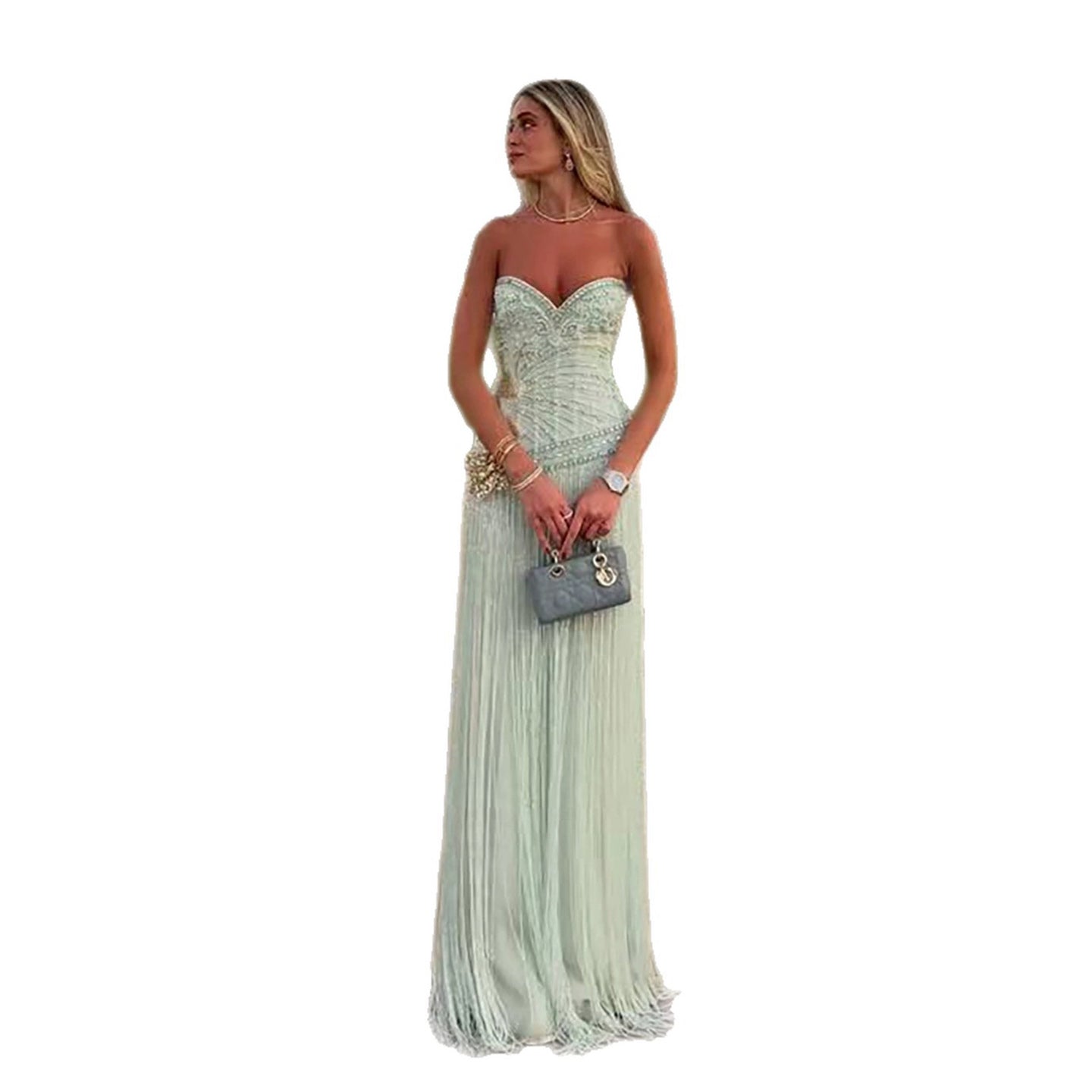 Luxury Sage Green Sweetheart Beaded Fringe Evening Dress LA73800