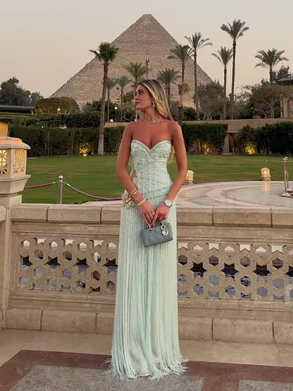 Luxury Sage Green Sweetheart Beaded Fringe Evening Dress LA73800