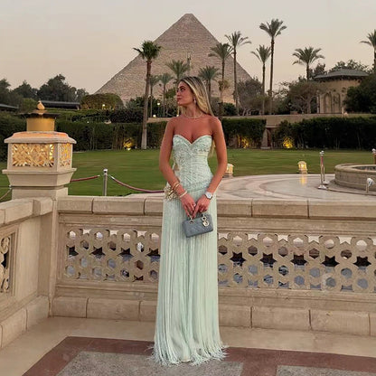 Luxury Sage Green Sweetheart Beaded Fringe Evening Dress LA73800