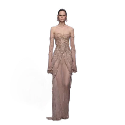 Luxury Nude Pink Beaded Off Shoulder Mermaid Evening Dress LA73801