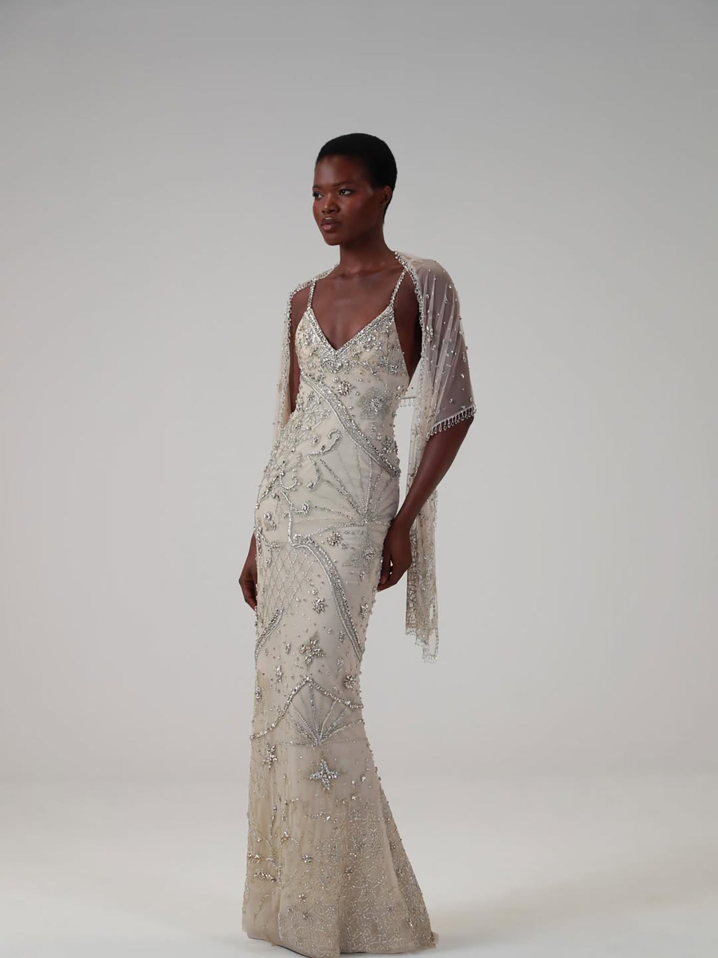 Luxury Champagne Beaded Spaghetti Straps Gown with Detachable Cape LA73801