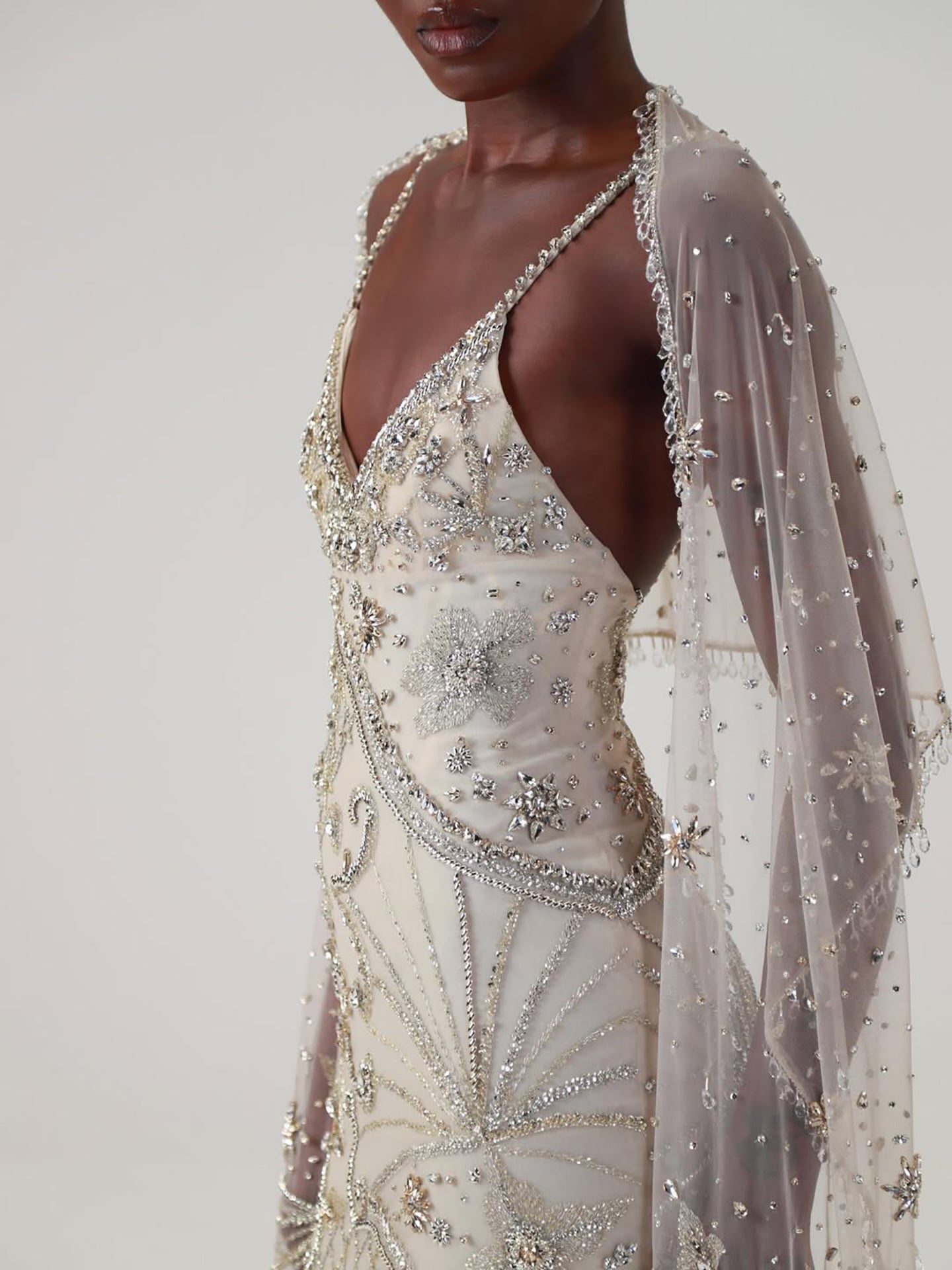 Luxury Champagne Beaded Spaghetti Straps Gown with Detachable Cape LA73801