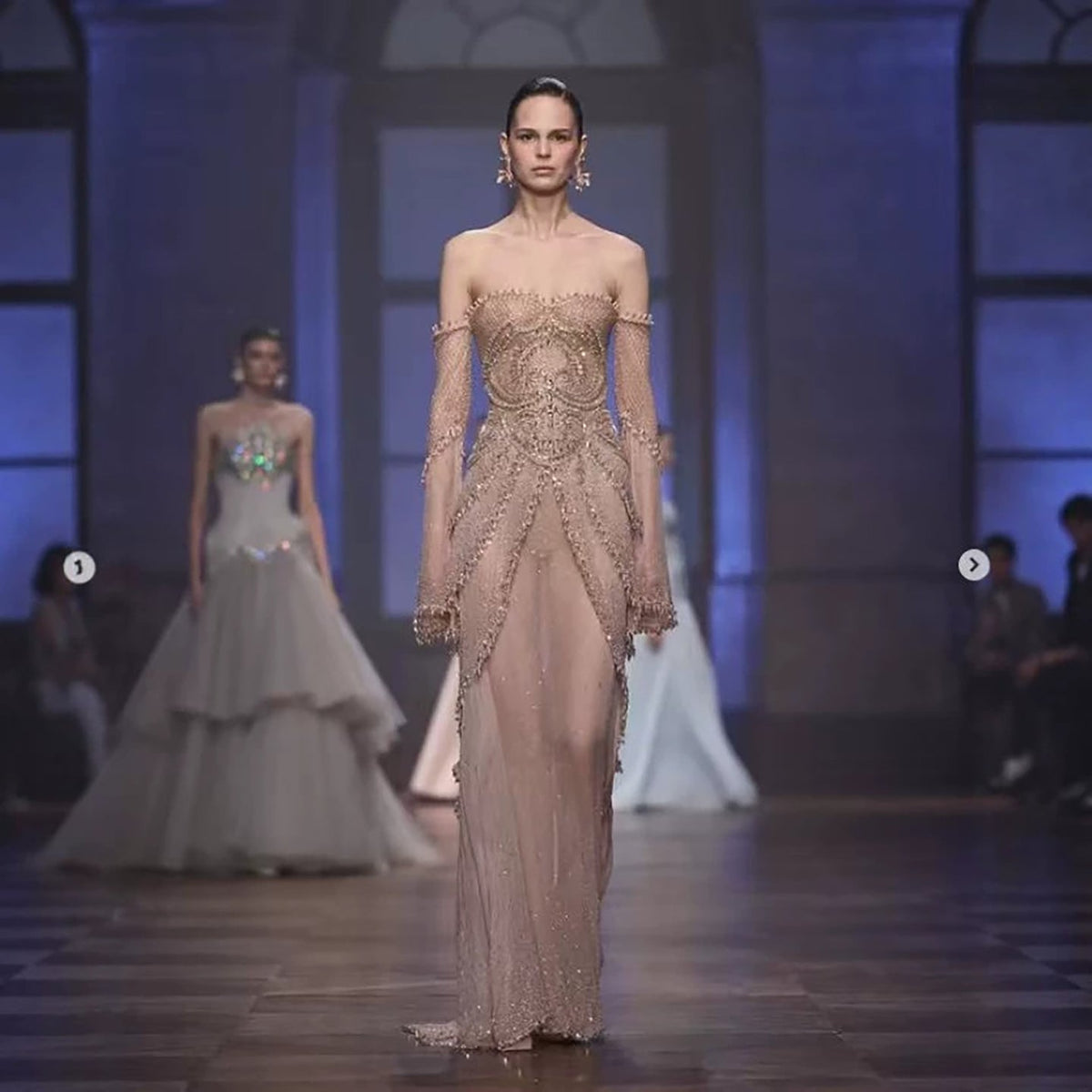 Luxury Nude Pink Beaded Off Shoulder Mermaid Evening Dress LA73801