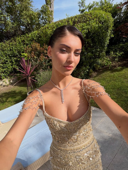 Luxury Champagne Beaded Spaghetti Straps Straight Dress LA73803