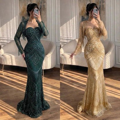 Luxury Dark Green Long Sleeve Beaded Tassel Mermaid Dress LA73804