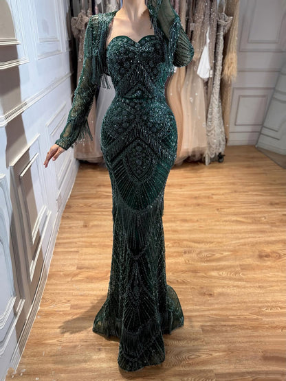 Luxury Green Long Sleeve Beaded Tassel Mermaid Dress LA73804