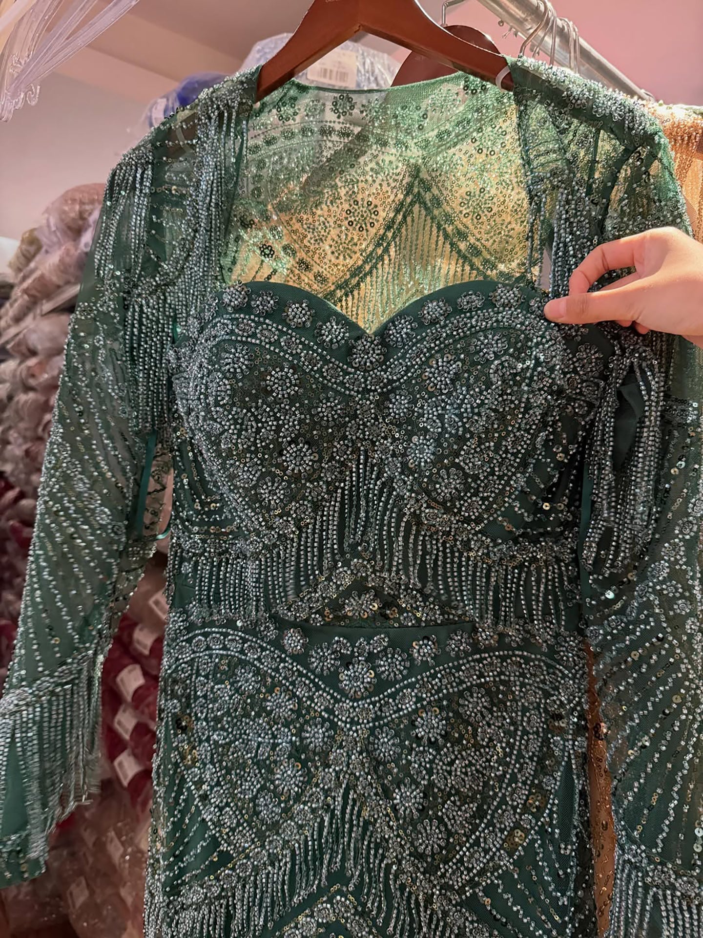 Luxury Dark Green Long Sleeve Beaded Tassel Mermaid Dress LA73804