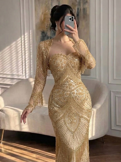 Luxury Dark Green Long Sleeve Beaded Tassel Mermaid Dress LA73804