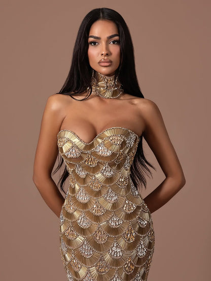 Luxury Gold Crystals Strapless Mermaid Gown with Choker LA73806