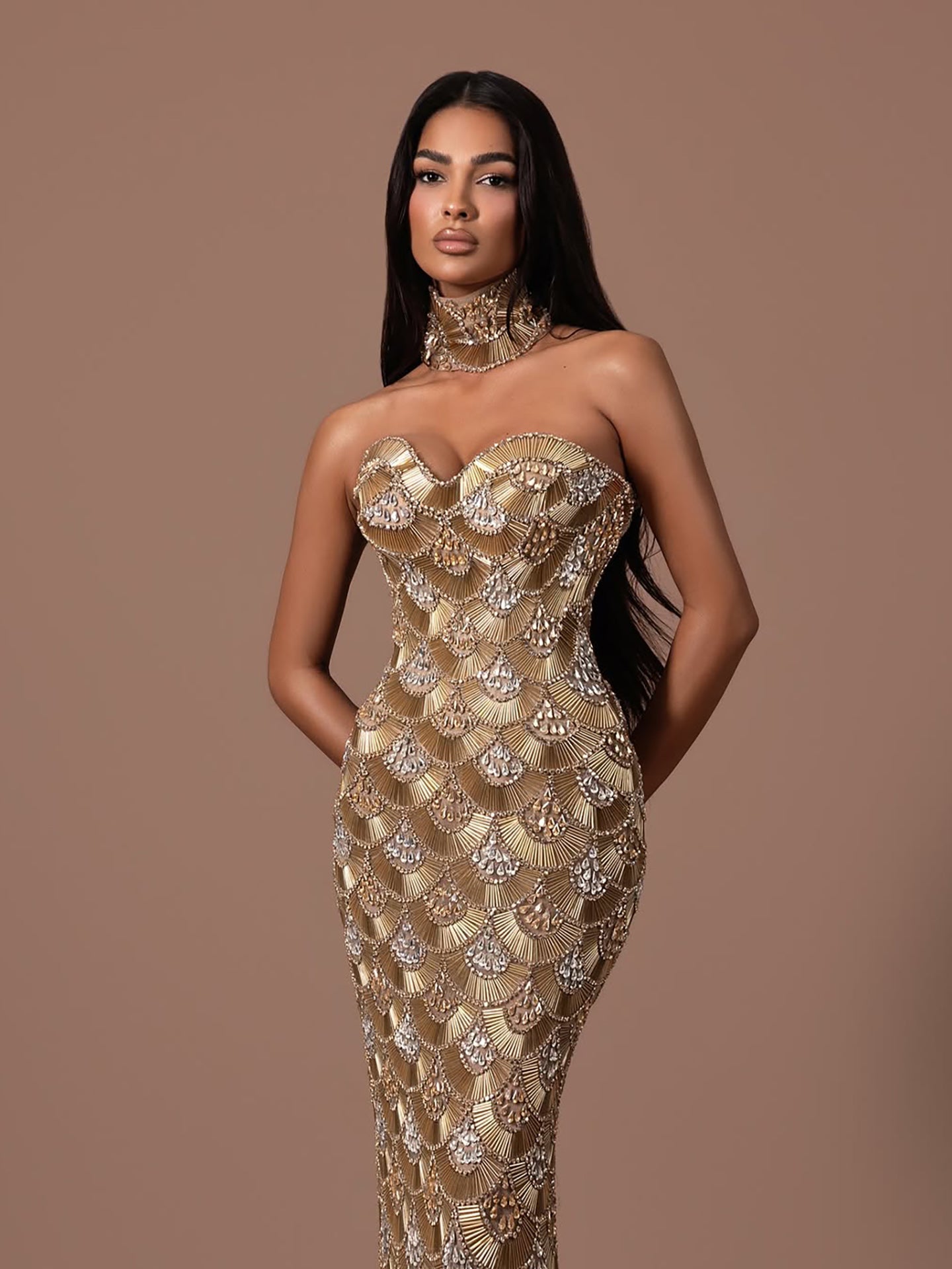 Luxury Gold Crystals Strapless Mermaid Gown with Choker LA73806