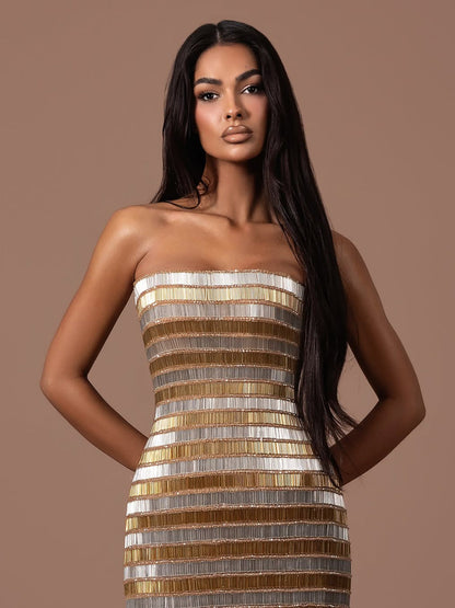 Luxury Gold Color Blocked Strapless Beaded Fringe Dress LA73807