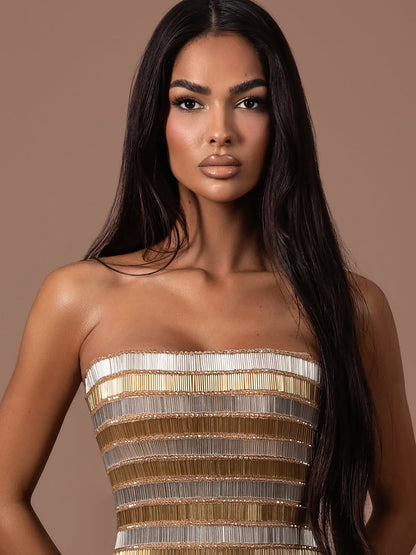 Luxury Gold Color Blocked Strapless Beaded Fringe Dress LA73807