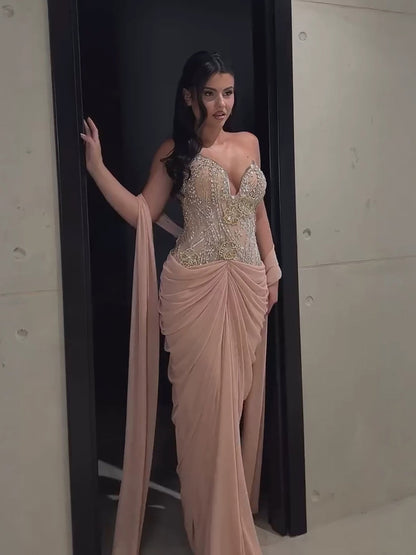 Luxury Nude Tie Back Corset Crystals Evening Gown with Streamer LA73808