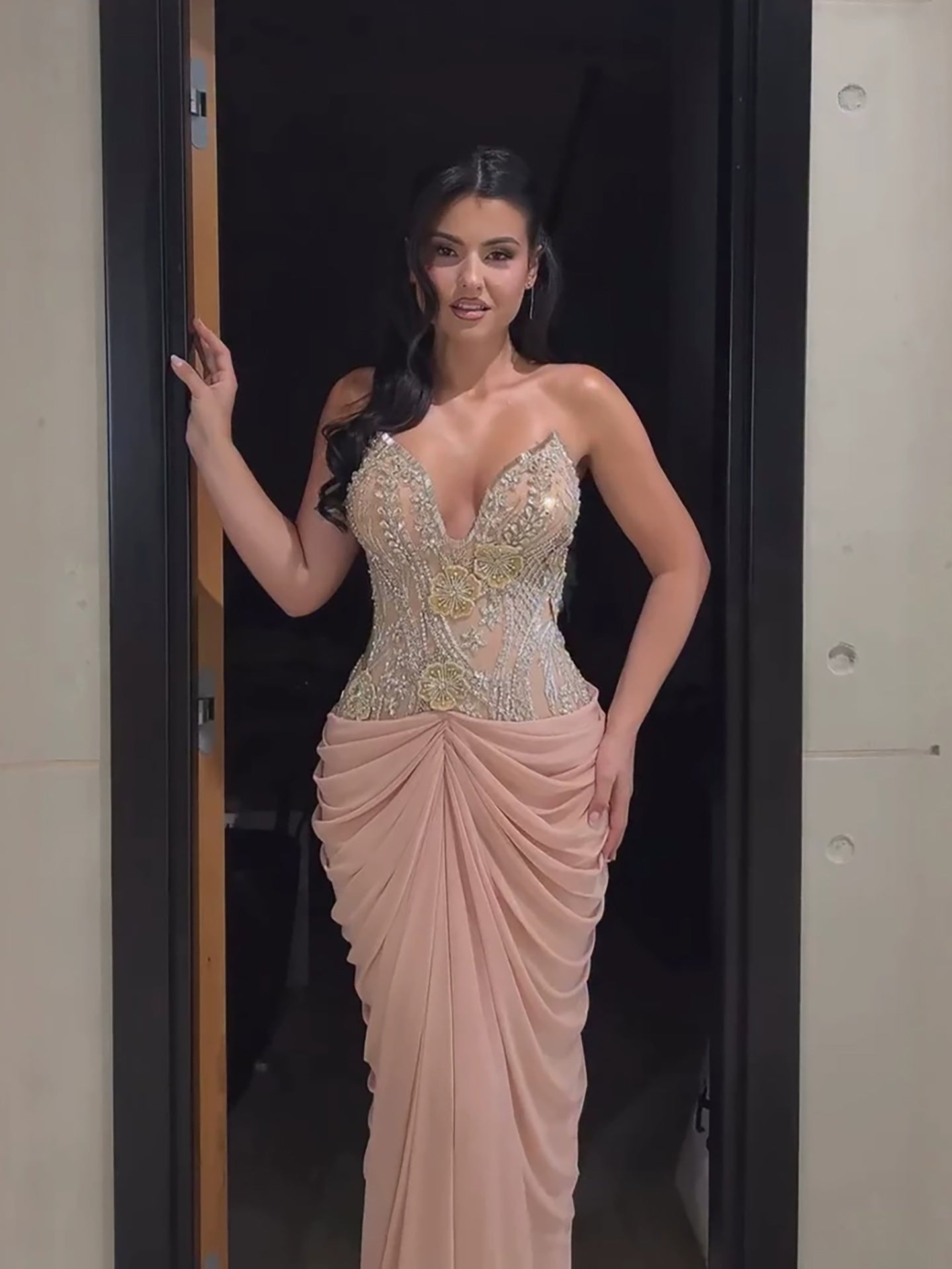 Luxury Nude Tie Back Corset Crystals Evening Gown with Streamer LA73808