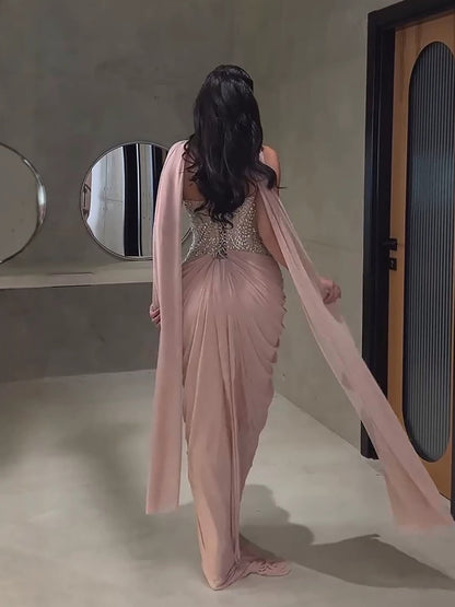 Luxury Nude Tie Back Corset Crystals Evening Gown with Streamer LA73808